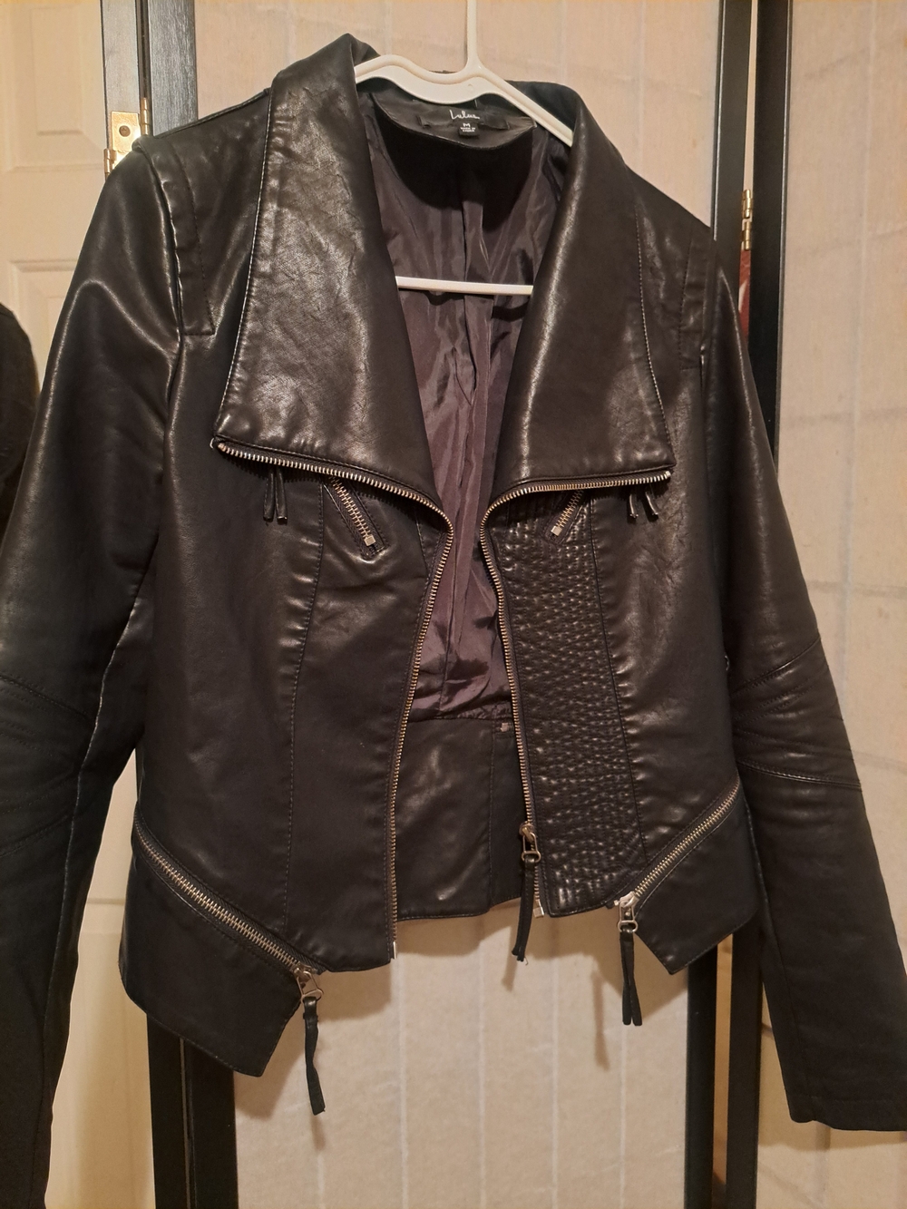LONDONJEAN Black Faux Leather Asymmetrical Zip Moto Jacket